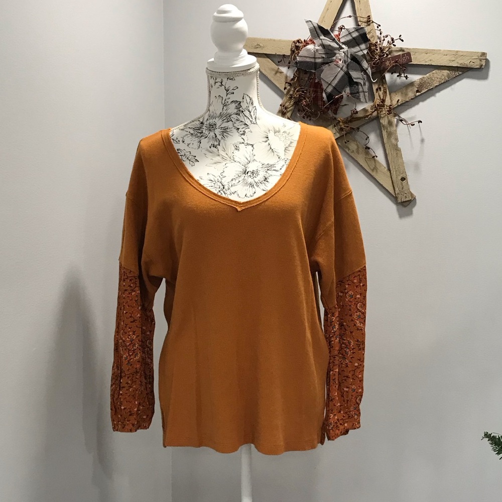 Anthropologie Burnt Orange Waffle Top